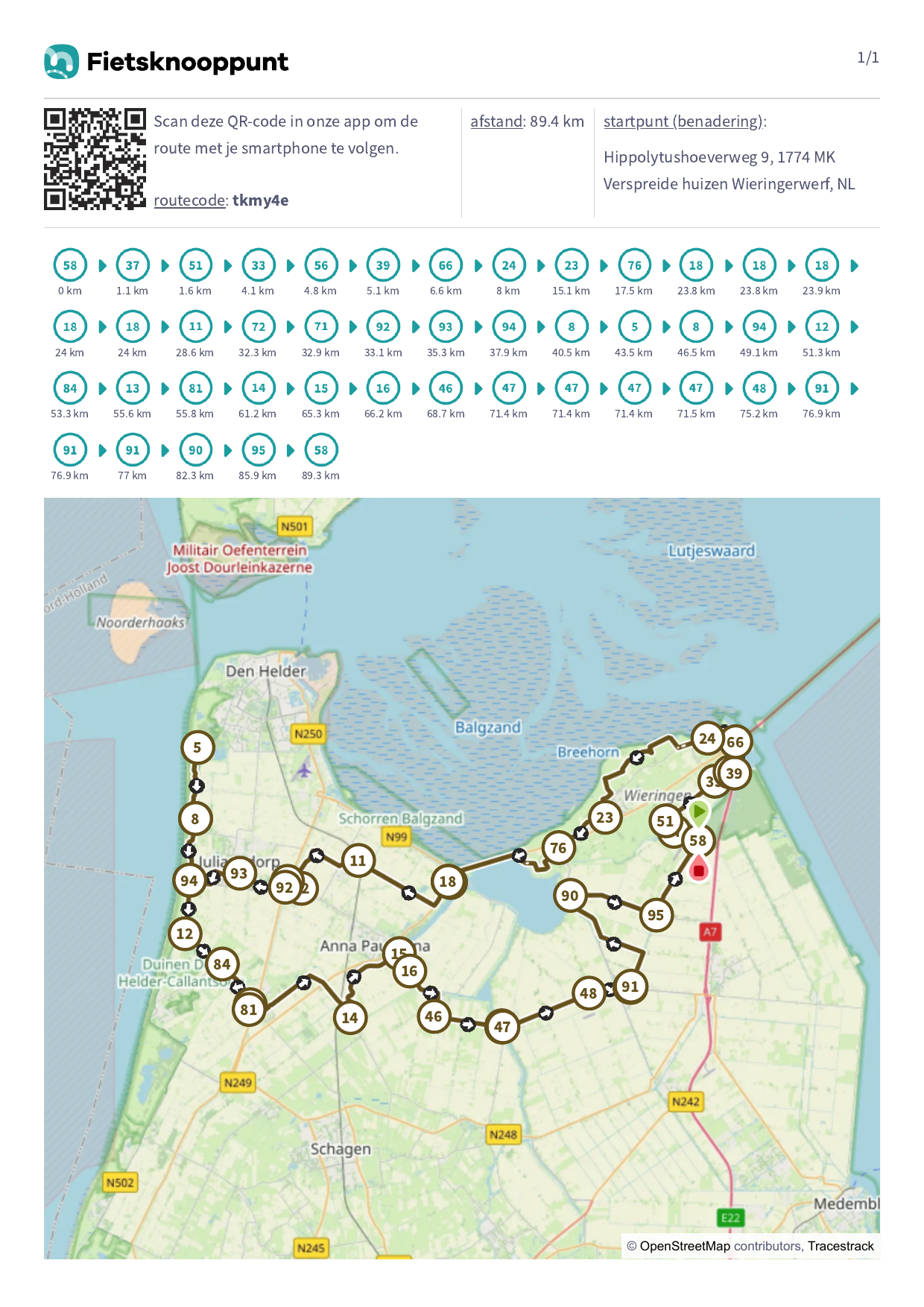 Routekaart van de fietstocht van 89,4 km